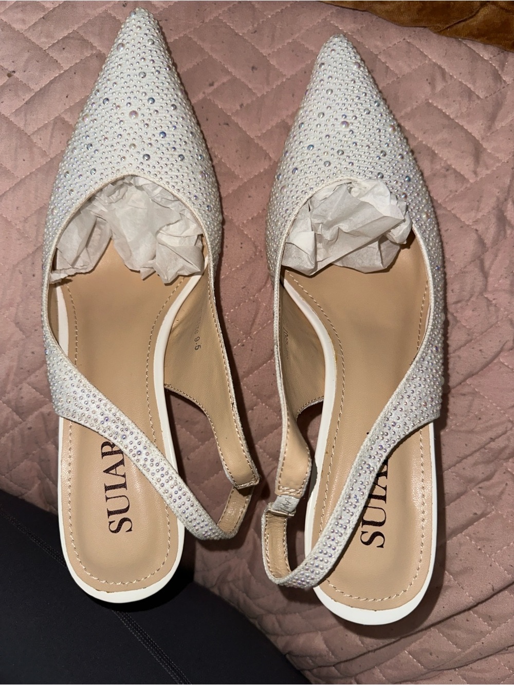 Suarez White Crystal Slingback Pointed Flats